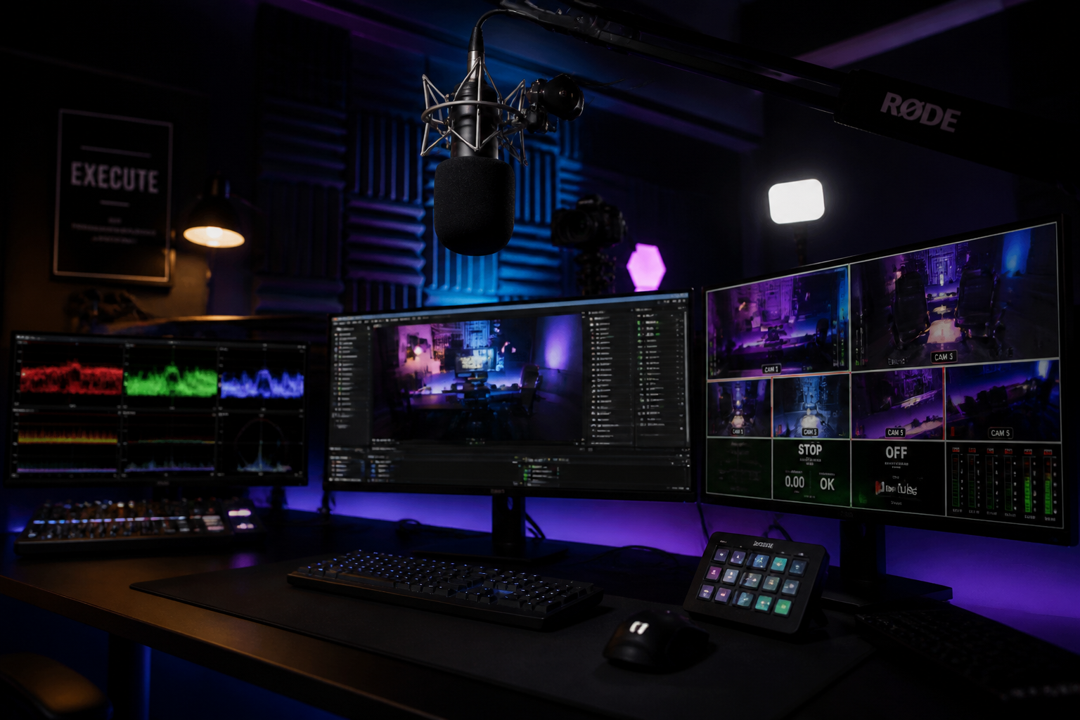 A modern remote broadcast desk with three ultrawide monitors showing OBS Studio, audio meters, and a tactical shooter feed.