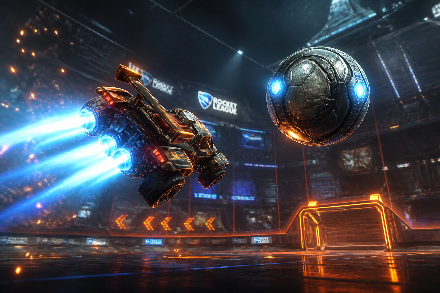 Two stylized blue and orange rocket cars jumping for a mid-air touch in a glowing futuristic stadium with high-speed neon trails.