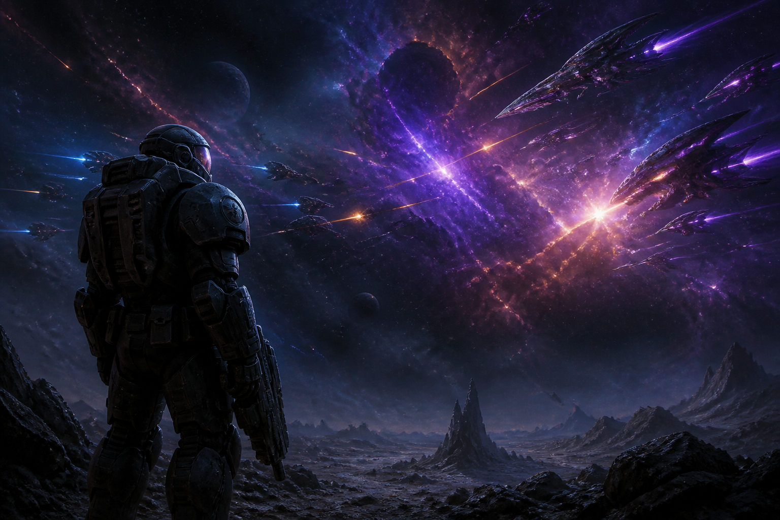 A lone space marine character looks up at a massive cosmic battle between futuristic fleets in the sky.