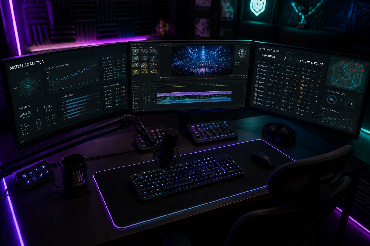A high-end streaming setup with triple monitors displaying high-contrast gaming stats and a professional XLR microphone.
