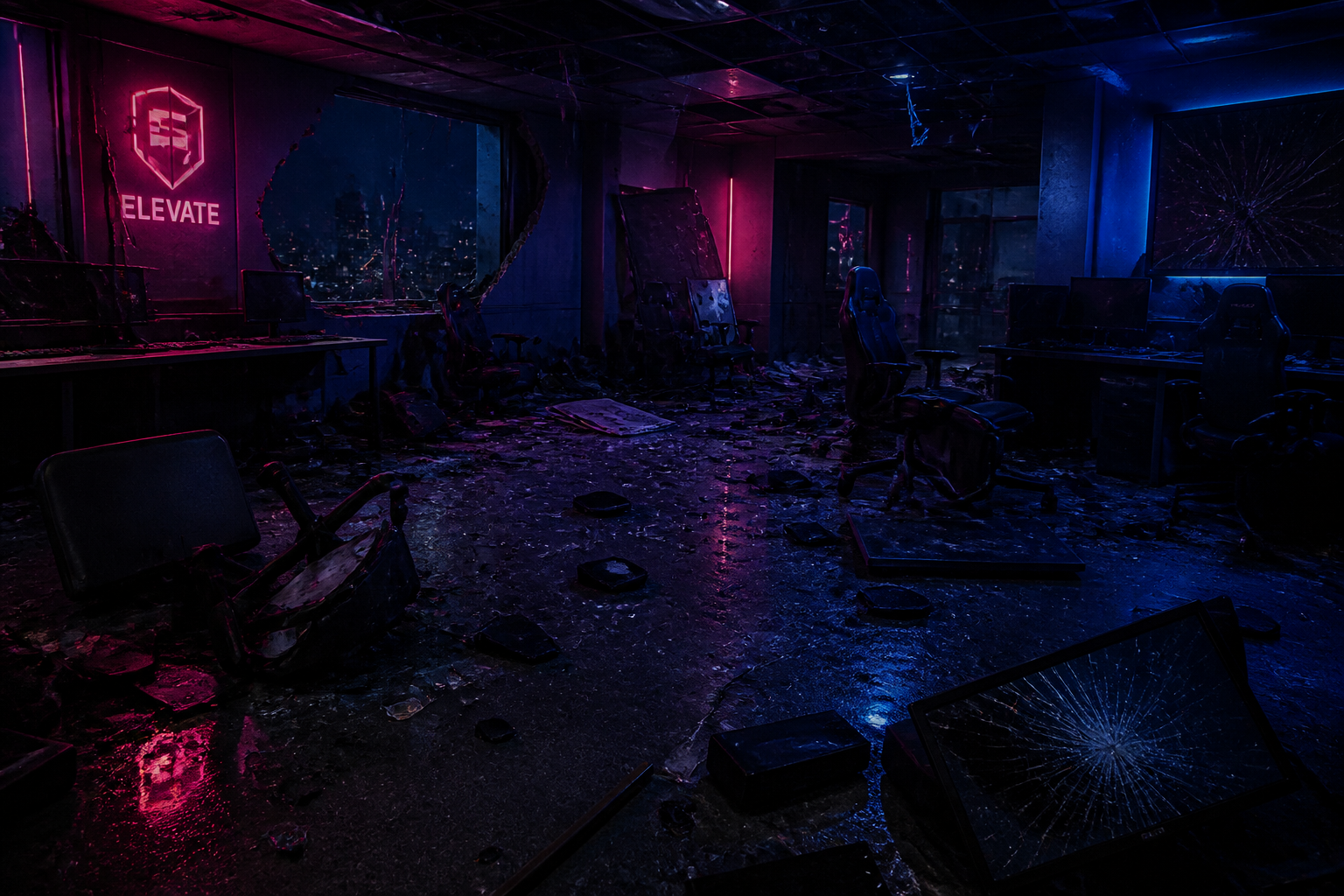 The interior of a vandalized esports team headquarters at night, with broken glass and overturned equipment.