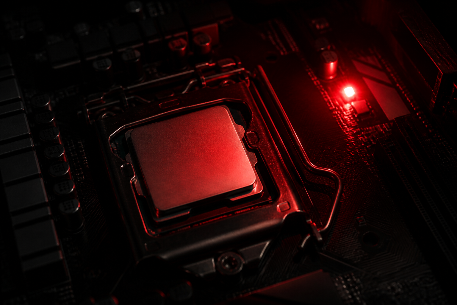 A close-up of a computer CPU with red warning lights, representing a hardware ban in Valorant.