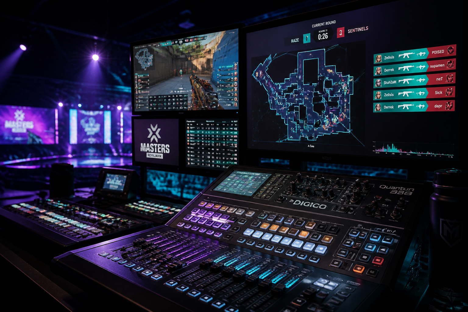 A cinematic broadcast control room with glowing blue monitors showing tactical maps and audio waves.