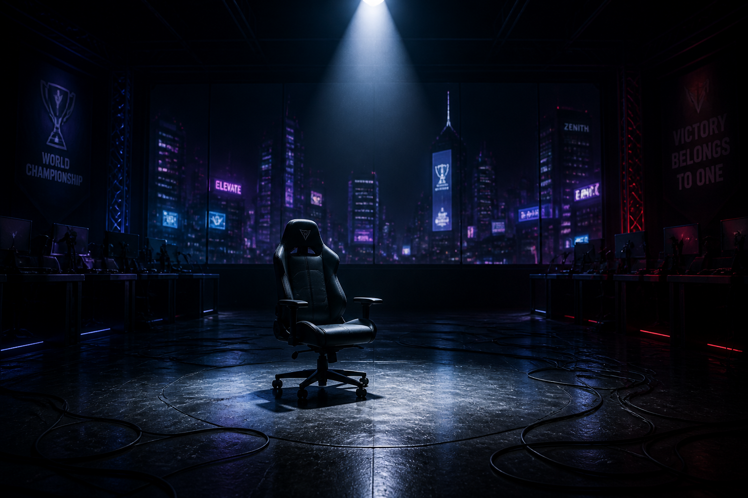 An empty esports stage with a single empty player chair under a spotlight.