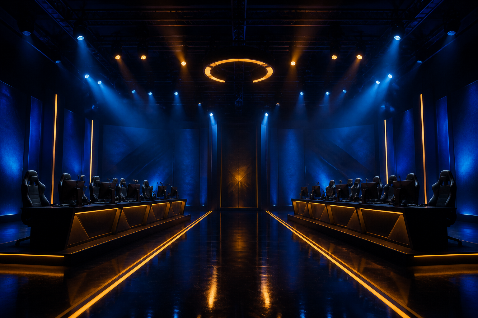 Dark esports arena stage illuminated by blue and amber lights with empty player booths
