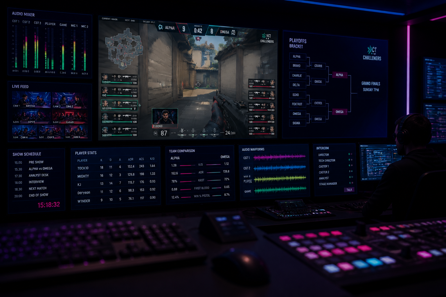 A broadcast control room with multiple monitors showing esports gameplay, data dashboards, and overlay graphics for a CS2 match.