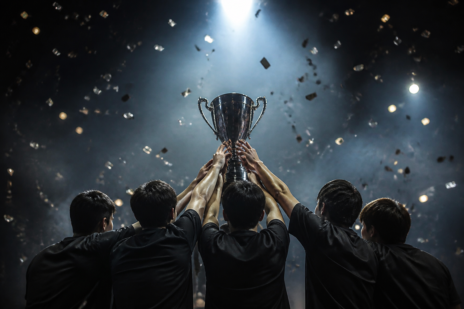 A Counter-Strike team celebrating on stage after a tournament victory, holding a trophy under bright spotlights.