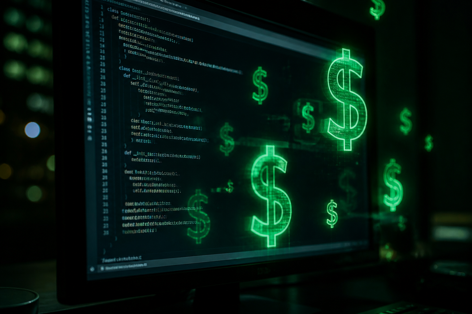 A computer screen showing code with glowing dollar signs overlaid, representing monetization